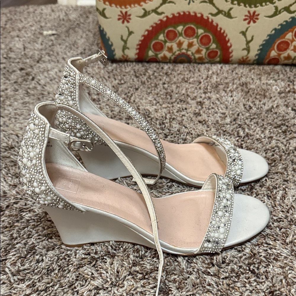 David's Bridal White Pearl Embellished Wedges